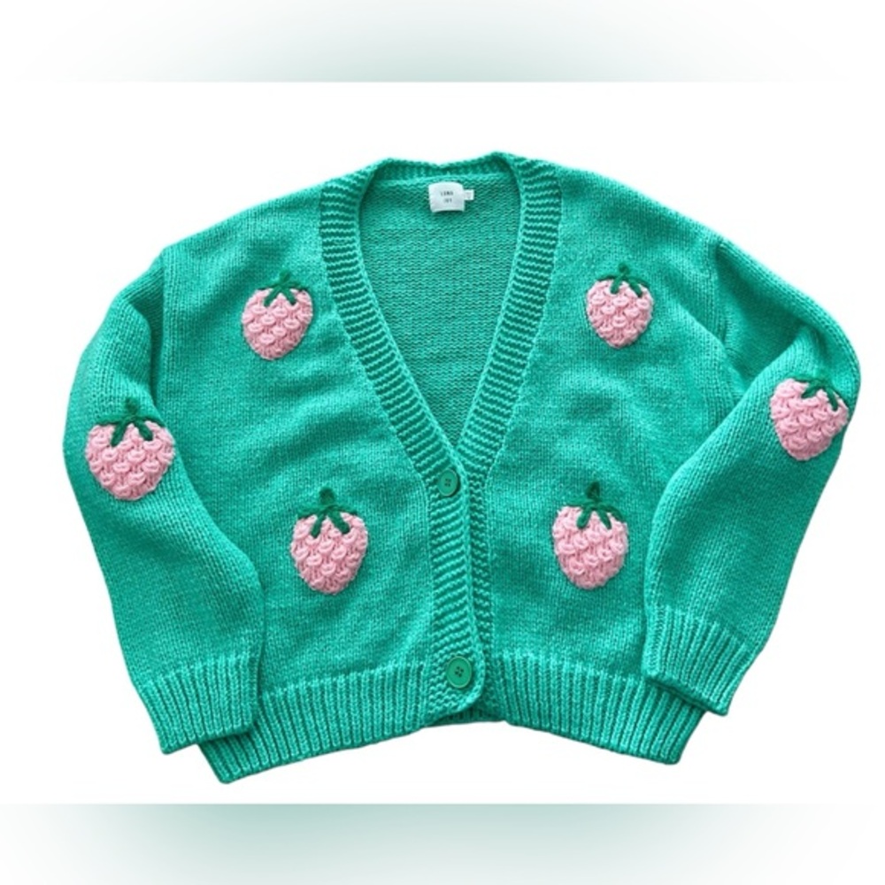 Anthropologie Luna Ivy Chunky Knit Pink Strawberry Cardigan Womens Medium Green